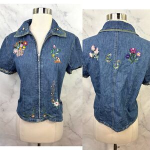Vtg 90s Floral Embroidered Beaded Denim Zip Top M Crop Western Cowgirl Cottage